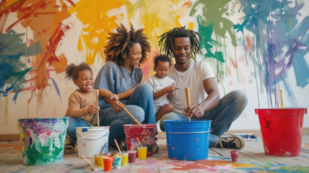 A happy family sharing a fun leisure event, sitting on the floor in front of a colorful wall, with smiles and laughter filling the room. AIG41の素材