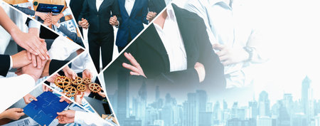 Teamwork and human resources HR management technology concept in corporate business with people group networking to support partnership, trust, teamwork and unity of coworkers in office vexelの写真素材