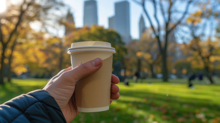 The close up picture of the person is holding the cup of the coffee by their own hand to relax inside the park for the relaxation also has been filled with trees and plants in the bright day. AIG43.の素材