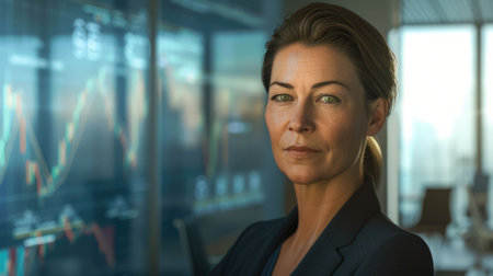 The close up picture of the caucasian woman is concentrated, the british business woman is analyzing the business data in the graph form, english female is investing in the financial marketing. AIG43.の素材