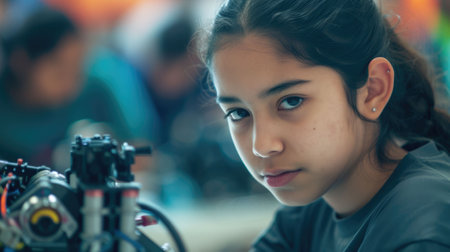 The close up picture of the hispanic girl participating in robotics or mechanic competition, robotics competition require robotics knowledge and skills, focus and concentration, adaptability . AIG43.の素材