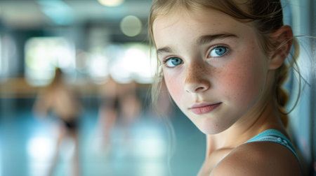 The close up picture of the caucasian female ballet dancer looking at camera in the studio with blur background, the ballet dancer require skill technique, flexibility, balance and experience. AIG43.の素材