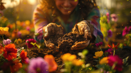 The picture of the woman that has been planting the various type of the flower, the planting require skill like plant knowledge, experience, seasonal timing, care and monitoring and management. AIG43.の素材