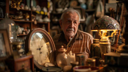 The picture of the antique dealer that working inside the old vintage shop that selling, buying or appraisal the antique, old, retro, classic object in the past but still valuable and elegant. AIG43.の素材