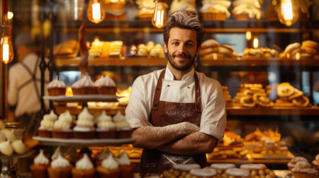 The picture of the baker of the bakery looking at the camera and wearing the apron also work inside the baker that make the various kind of the bread and sweet yet need much experience to work. AIG43.の素材