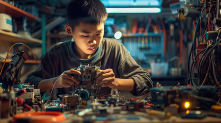 The picture of the east asian male teenager is working on the mechanical robot in his own workshop, the technician also require skill like technical knowledge, time management and experience. AIG43.の素材