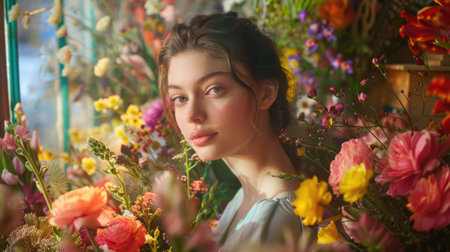 The picture of the florist working inside the workshop about the flower, the florist need to has the knowledge of the flower, flower trends, preservation, flower design skill and creativity. AIG43.の素材