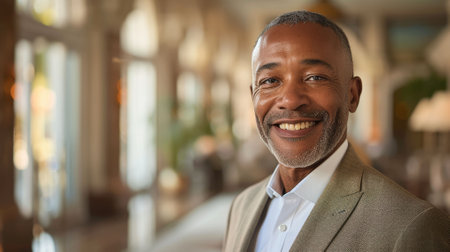 The picture of the mature caribbean male is smiling and working in the hotel as the hotel manager, the hotel manager require skills like customer service, management, knowledge and marketing. AIG43.の素材