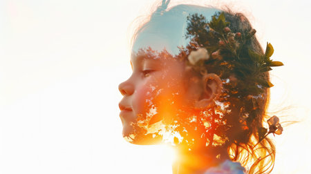 The closeup double exposure between the caucasian young girl and the beautiful vividly nature that the picture, it stands for the peaceful of the life or relaxation with the beautiful nature. AIGX01.の素材
