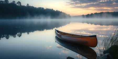 A single canoe rests on the calm waters of a misty lake reflecting the golden sunrise and the surrounding forest. Resplendent.の素材