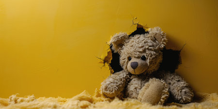 Close up view picture of the hollow yellow hole on the the wall that show the teddy stay inside the wall that has been made from some material yet still can break to look through other side. AIGX03.の素材