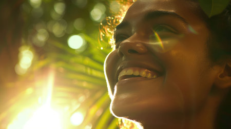 The close up picture of the person is smiling and happy that surrounded with the nature under the bright light from the sun, the feeling of the freshness that surrounded with the green nature. AIG43.の素材