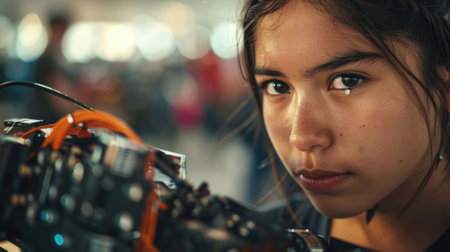 The close up picture of the hispanic girl participating in robotics or mechanic competition, robotics competition require robotics knowledge and skills, focus and concentration, adaptability . AIG43.の素材
