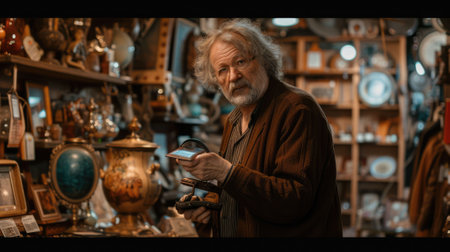 The picture of the antique dealer that working inside the old vintage shop that selling, buying or appraisal the antique, old, retro, classic object in the past but still valuable and elegant. AIG43.の素材