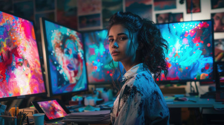 The picture of the digital artist is working inside his workshop that has surrounded with computer monitor, the digital artist require skill like creativity, experience and drawing technique. AIG43.の素材