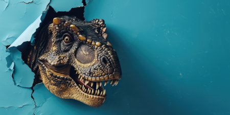 Close up view picture of the hollow blue hole on the the wall that show the t.rex stay inside the wall that has been made from some material yet still can break to look through the other side. AIGX03.の素材