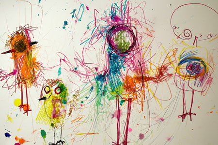 The hand drawing colourful picture of the group of the various type of chicken that has been drawn by the colored pencil or crayon on the white background that seem to be drawn by the child. AIGX01.の素材