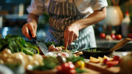 A chef is cooking a dish of spaghetti with tomatoes using natural ingredients in a kitchen. The plate will be served on tableware for sharing the delicious cuisine AIG50の素材