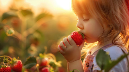 A toddler is happily eating a fresh strawberry in a field, surrounded by grass and nature. Her smile reflects the joy of tasting natural food, sharing the moment with people in the outdoors AIG50の素材