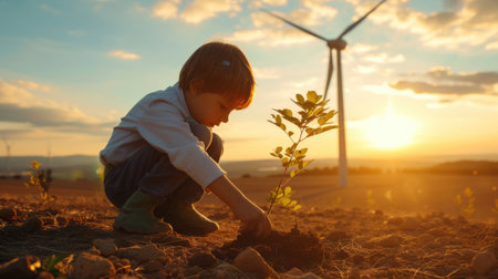 Happy children planting a tree surrounded with wind mill and sitting. Attractive elementary student growing a tree in the garden. Environmental saving world concept. Sustainable energy. AIG42.の素材