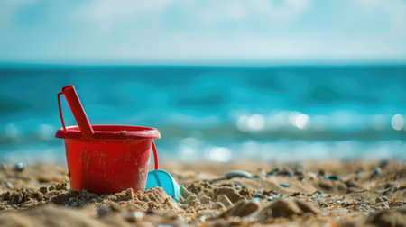 An orange bucket and shovel are resting on the sandy beach, surrounded by azure water and a clear sky in a coastal ecoregion. A perfect spot for leisure and travel in this natural coastal landscapeの素材