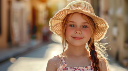 A happy little girl with a straw hat and white dress smiles while exploring nature. Her lips part in a smile, showcasing her bright iris and prominent chin AIG50の素材