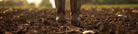 The close up picture of the farmer is walking inside the farm while wearing the dirty boots, the farmer require skill like soil knowledge, farm management, weather monitoring and the marketing. AIG43.の素材