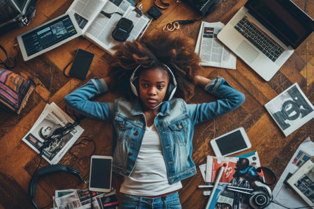 The top view of picture that about young african american human laying down and listening to the music and focused in the full of the thought and music with room that surrounded with devices. AIGX03.の素材