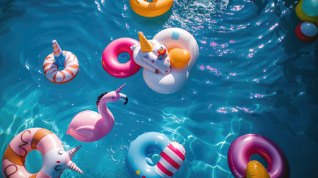 Colorful floats are drifting in the aqua water of a swimming pool, creating a vibrant and lively scene amidst the natural green landscape for leisurely activities AIG50の素材