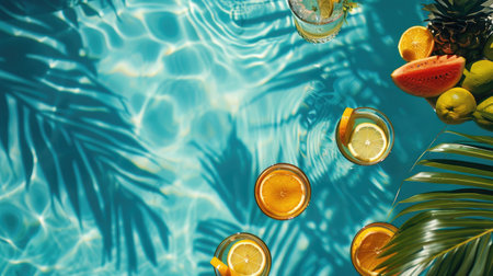 Aqua art transforms a swimming pool into a vibrant oasis filled with floating fruits and leaves, creating a mesmerizing display of color and nature AIG50の素材