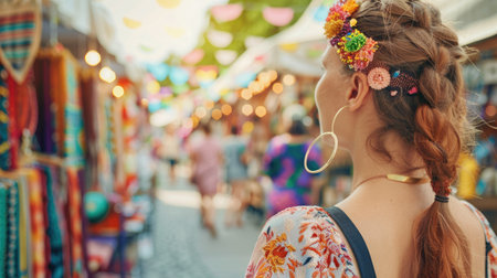 A woman adorned with earrings is enjoying the colorful display at a market in the city. Her fashion accessories add a touch of glamour to the vibrant event, attracting a crowd of onlookers AIG50の素材