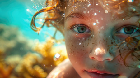 A young girl with diving equipment and a mask is exploring the underwater environment, swimming in the ocean to observe marine organisms and practice underwater diving AIG50の素材