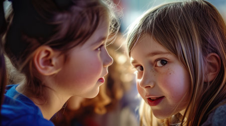 Close up photography of child whispering at classroom with blurring background. Happy elementary student chitchatting or talking or sharing secret together with diverse friend with curious. AIG42.の素材