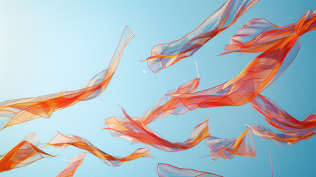 Fluid electric blue ribbons dance in the wind against a peachcolored sky, a masterpiece of nature resembling a painting inspired by marine biology AIG50の素材