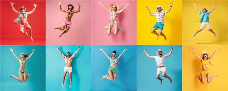 Summer people collection set, diverse people jumping on colorful background, many people funny jump wearing summer outfit fashion ready for swim and summer activity, summertime, beachwear AIG48の素材