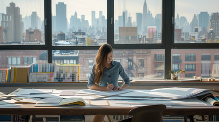 An interior designer is absorbed in evaluating various fabric samples spread across her studio table, with a backdrop of the cityscape outside. AIG41の素材