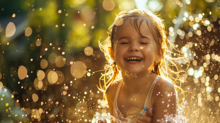 A happy little girl plays in a sprinkler, with a smile on her face and grass beneath her feet. Her eyes sparkle with joy, reflecting the sunlight, as people in nature watch her playful antics AIG50の素材