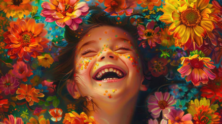 A young girl is beaming with a smile surrounded by vibrant flowers. The colorful petals cascade around her, creating a beautiful botanical scene perfect for a photograph AIG50の素材