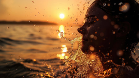 A woman is hydrating with water from the ocean at sunset, surrounded by a stunning landscape with trees and plants against a fiery sky AIG50の素材