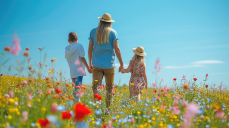 A happy family holding hands walks through a grassy field of flowers, surrounded by the beautiful natural landscape and vast sky. AIG41の素材