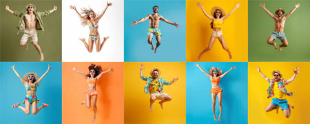 Summer people collection set, diverse people jumping on colorful background, many people funny jump wearing summer outfit fashion ready for swim and summer activity, summertime, beachwear AIG48の素材