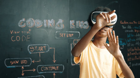 African student use VR headset learning innovation at metaverse while standing at blackboard with...