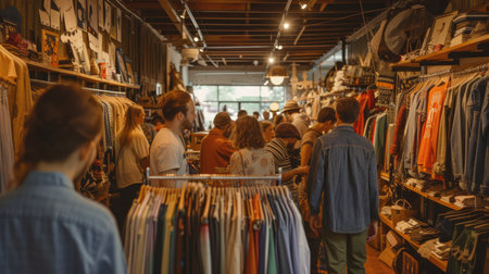 A crowd of customers is touring a retail building in the citys clothing marketplace. AIG41の素材
