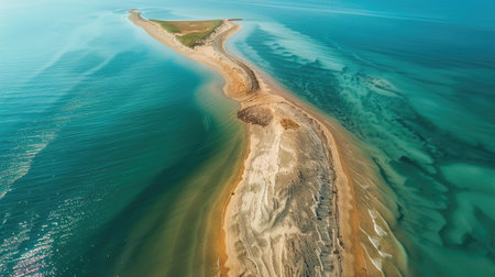 A breathtaking aerial view of a sandy island surrounded by crystal clear Caribbean water. The natural landscape includes a beautiful beach and fluid wind waves AIG50の素材