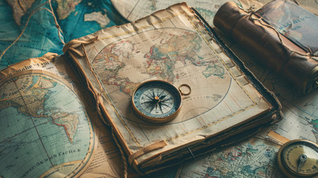 A wooden table displays an open book with a map, compass, and intricate circle pattern on the cover. The font, painting, and metal artifact add to the art facade AIG50の素材