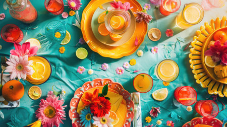 An intricate table setting with colorful dishware and drinks arranged in a circular pattern, resembling a painting of a vibrant aquatic organism AIG50の素材