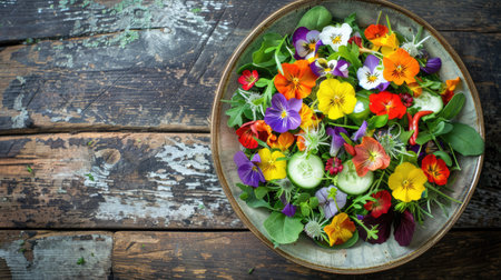 A colorful salad bowl decorated with edible flowers sits on a rustic wooden table, creating a beautiful and artistic display of natures bounty AIG50の素材
