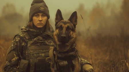 The picture of the military officer is working with trained german shepherd dog at the training field, the dog trainer require skill such as patience, compassion and understanding dog behavior. AIG43.の素材