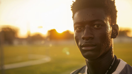 The close up picture of the african soccer or football player is exhausted after exercising or playing football, the football player require training, physical endurance and football technique. AIG43.の素材