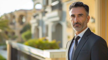 The picture of the middle eastern rich handsome smart person is standing in front of the luxury building, the rich person require skills like the financial management and business knowledge. AIG43.の素材